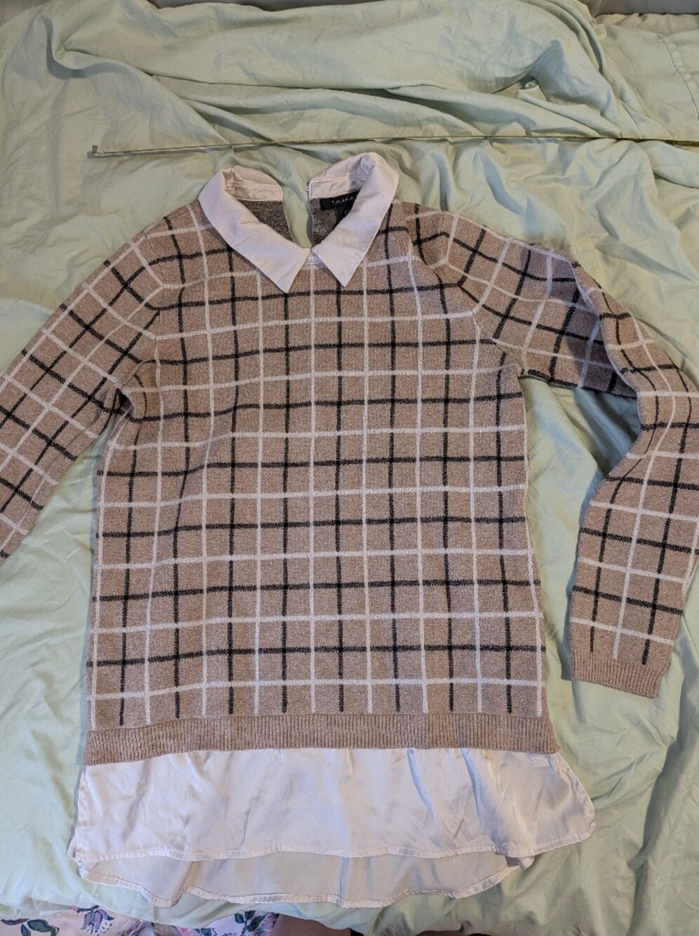 Tahari Beige Plaid Sweater with Faux White Shirt Collar